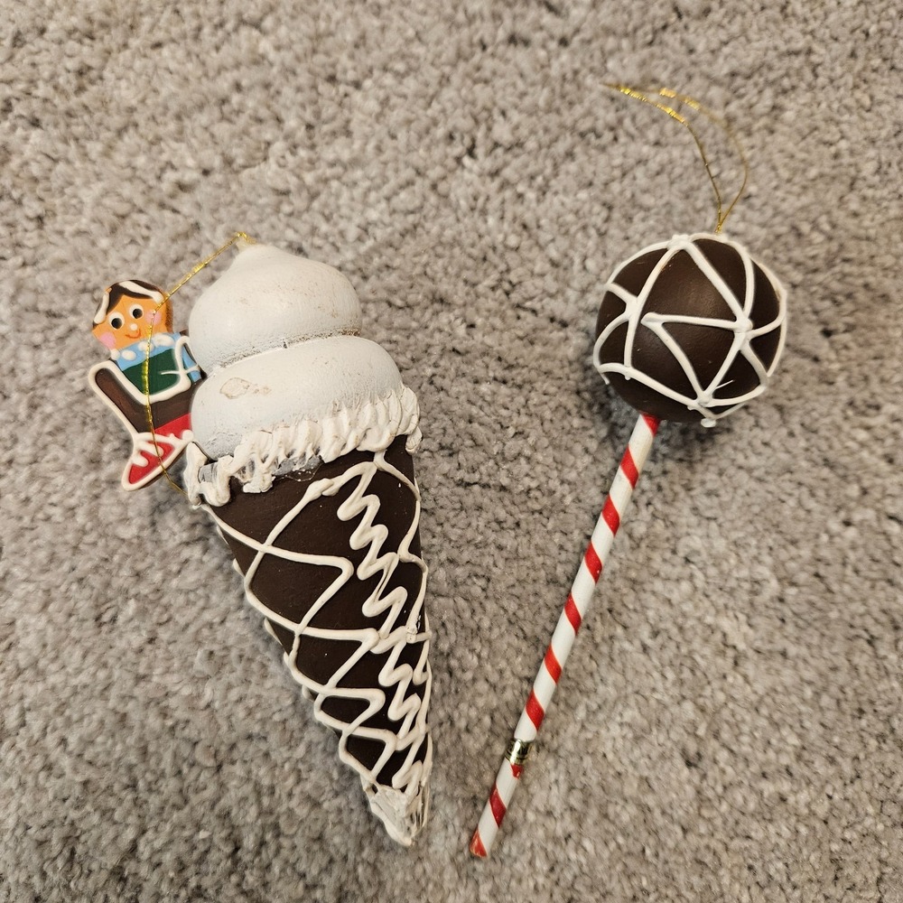 Vintage Faux Food Christmas Ornaments Ice Cream Cone & Cake Pop Lot –Retro